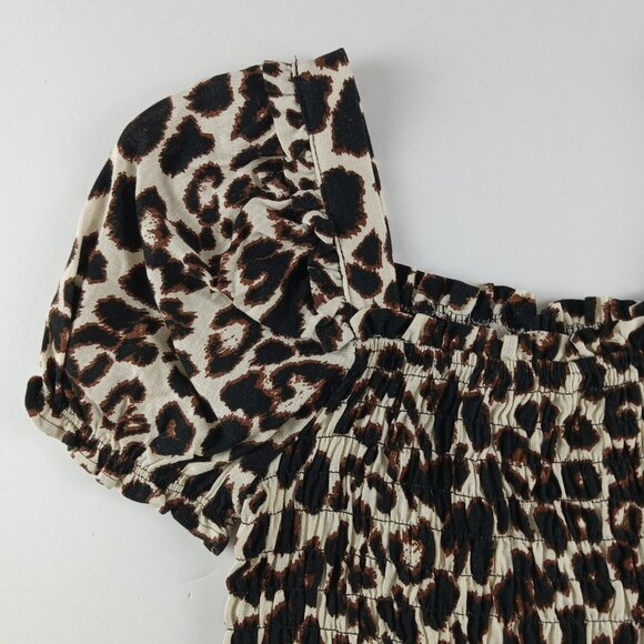 Monteau Puff Sleeve Smocked Crop Top Women's Size S Leopard Print Linen Blend - Picture 2 of 8